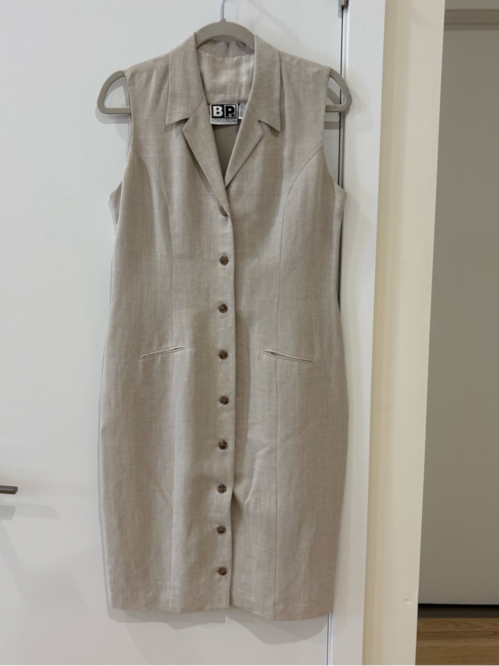 Minimalist Linen Blend Button Front Dress Neutral Tailored Sheath CBK Chic Sz 11